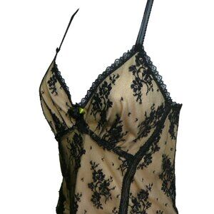 Vintage Fondue Black Floral Lace Overlay Nude Cami Top Sweetheart Rosette Lace L